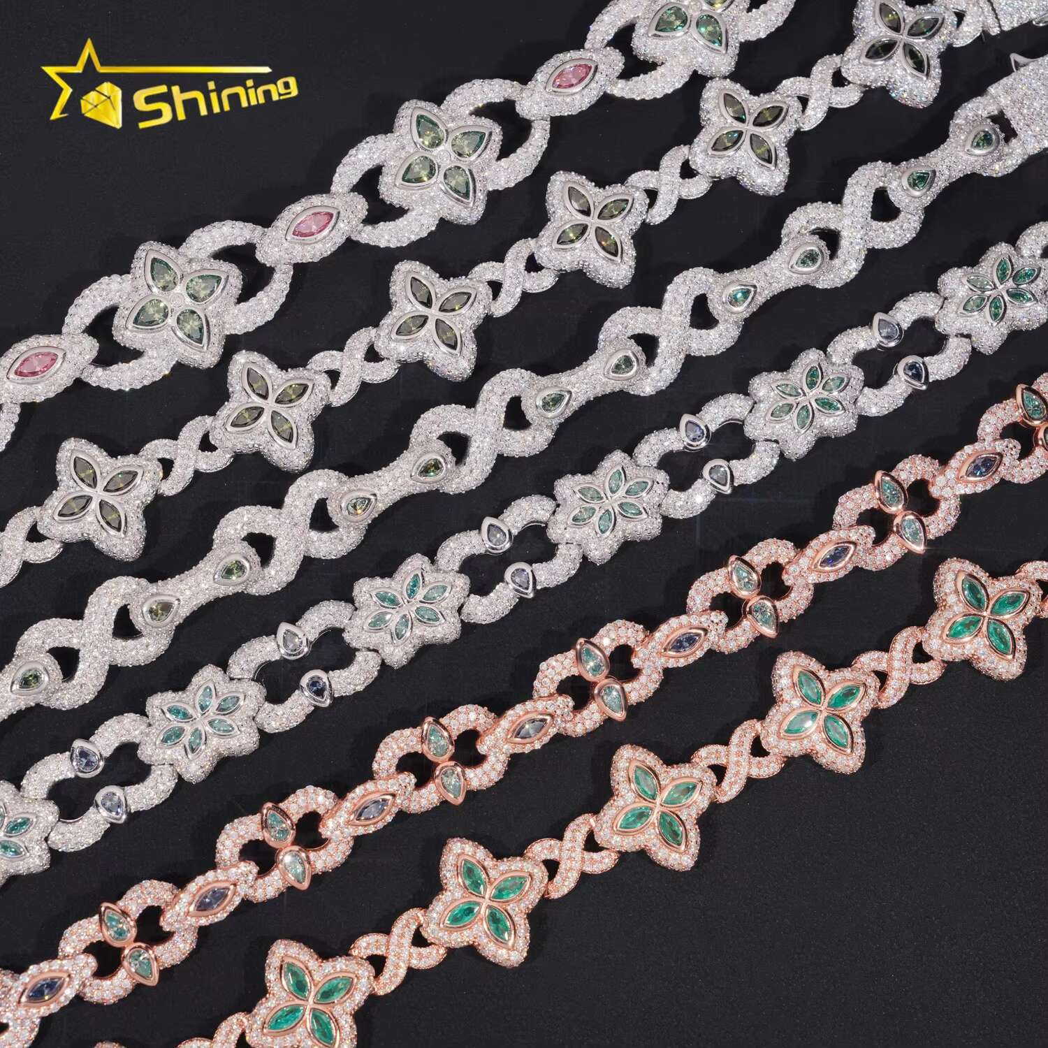 Fancy Shape Hip Hop Color Diamond 925 Silver Flower Iced Out Moissanite Infinity Link Bracelet