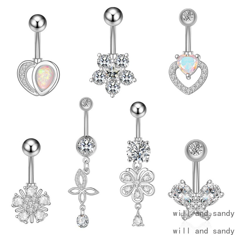 Anti Allergy Stainless Steel Bell Button Ring Crystal Zirconia Flower Heart Butterfly Chain Navel Belly Rings Body Piercing Jewelry for Women Summer J
