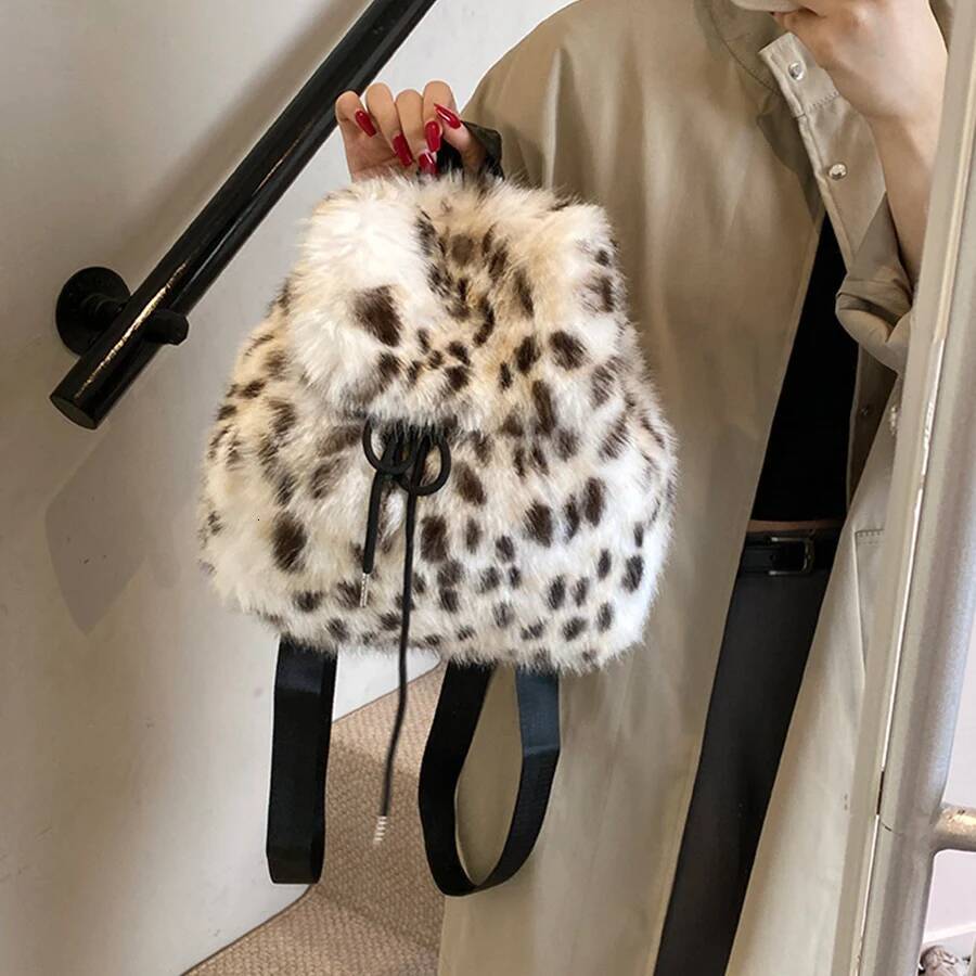 Fashion Leopard Print Drawstring Backpack Women Plush Fluffy Bag Solid Color Soft Fleece Knapsack Winter Warm Faux Fur Rucksack