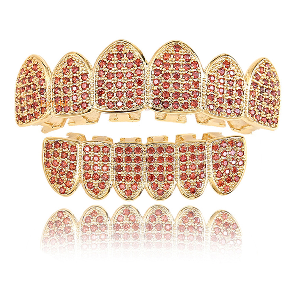 hip hop grillz 18k gold plated pomegranate red moissanite iced out colorful diamond men's accessories Rapper Costume Accessories Pass the diamond
