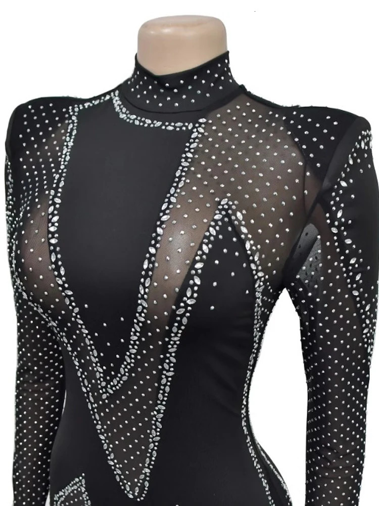 Kricesseen Sparkle Long Sleeve Black Rhinestones Mesh Skinny Crystal Jumpsuits Glam Hollow Out Fitted Diamonds Rompers Clubwear 250624