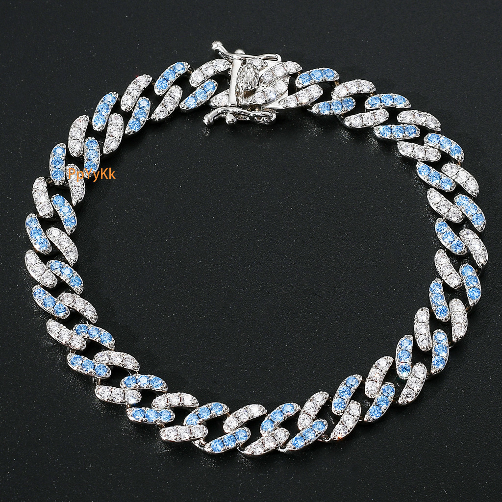 9MM Hip Hop Minimalist Iced Out Blue White Moissanite Micro Pave Cuban Chain Unisex Bracelet Trendy Accessory Passes the diamond tester