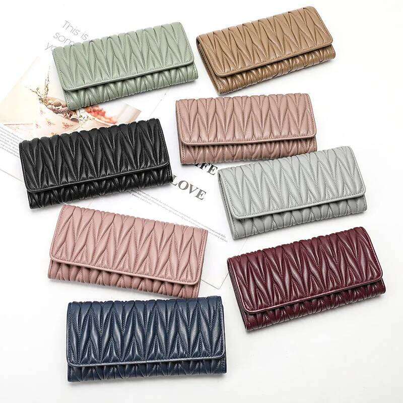 bags Women Long Pleated Wallet Fashion Hasp Zipper Multifunction Card Holder Sheepskin Genuine Leather Female Coin Clutch Purse