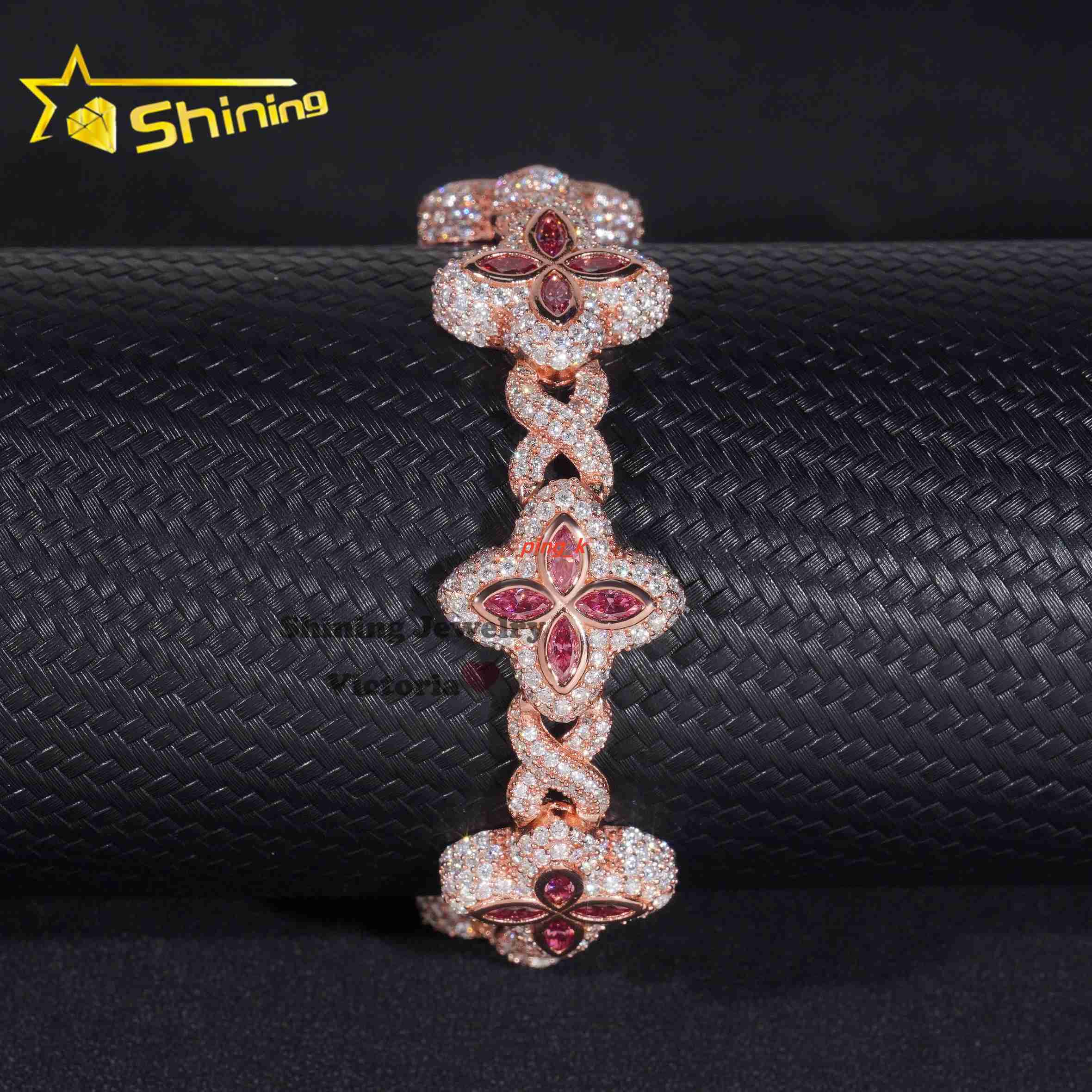 New Arrivals Rose Gold Plated Moissanite Men Bracelet With Pink Moissanite Iced Out Infinity Link Clover Cuban Bracelet
