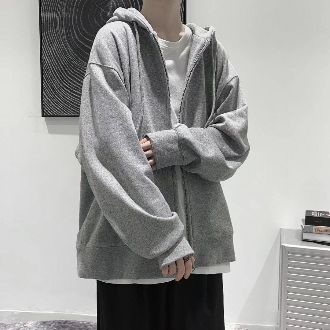 Cardigan Hoodie Sweatshirt for Men, Autumn New Korean Style Trendy Top, Loose Casual Solid Color Jacket