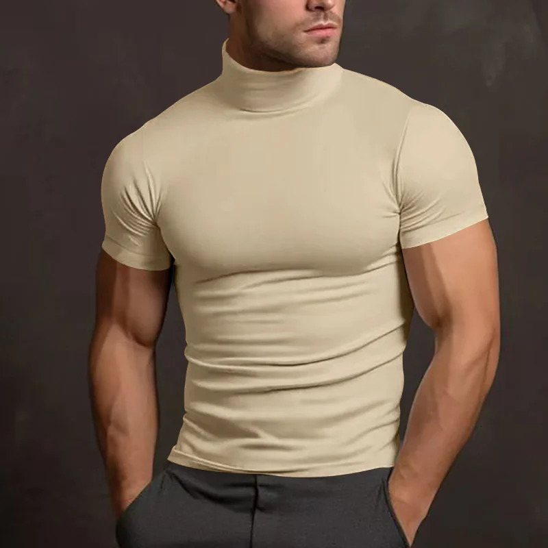 mens T-shirt Sport leisure running gym High Collar shirt training elastic quick drying short sleeve T-shirt men Tight tops 250628