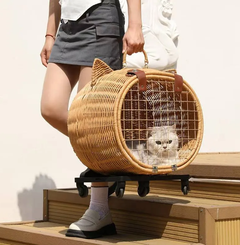 Rattan weaving Durable Wheel-Equipped Animal Transport Tote - Ideal for Carrying Cats or Dogs under 20lbs Easily during Travels