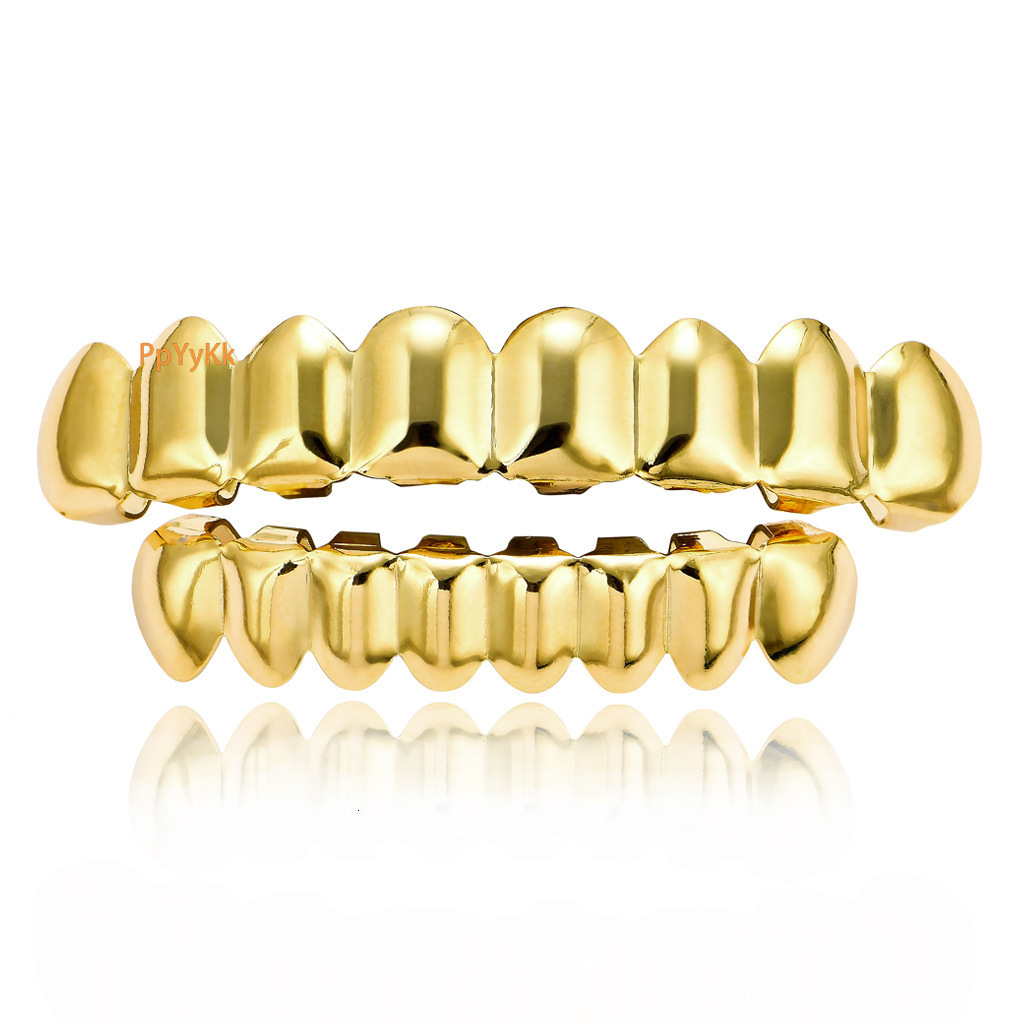 2025 New 18K Gold Plated 8 Upper 8 Lower Tooth Hip Hop Grillz High Quality Fashion Statement Rapper Costume Accessories