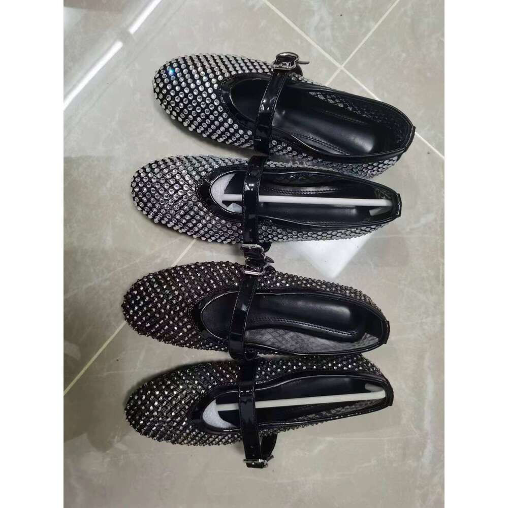 Grape Mom Internet Celebrity Same Style New Broken Dream Glass~ Shiny Rhinestone One-Strap Shallow Mouth Mary Jane Shoes for Women
