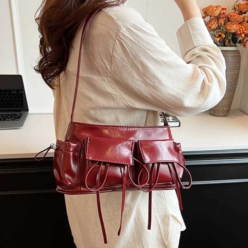 Double Pockets Design PU Leather Shoulder Bags for Women 2025 New Fashion Trend Crossbody Bag Females Silver Handbags XJ250627