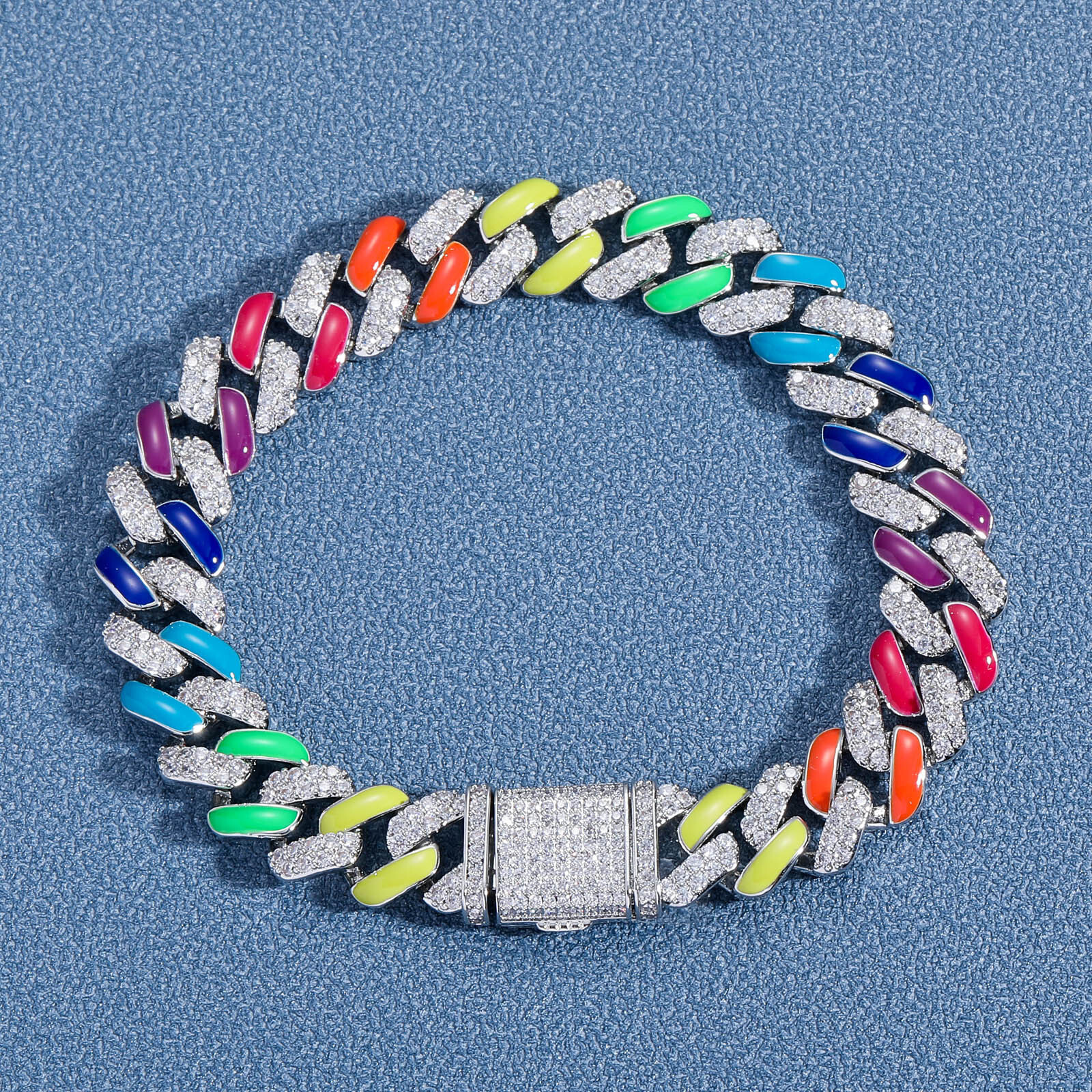 12MM New Arrival Rainbow Cuban Chain Hip Hop Bracelet - Multicolor Moissanite Iced Out Unisex Statement Jewelry Pass the diamond tester
