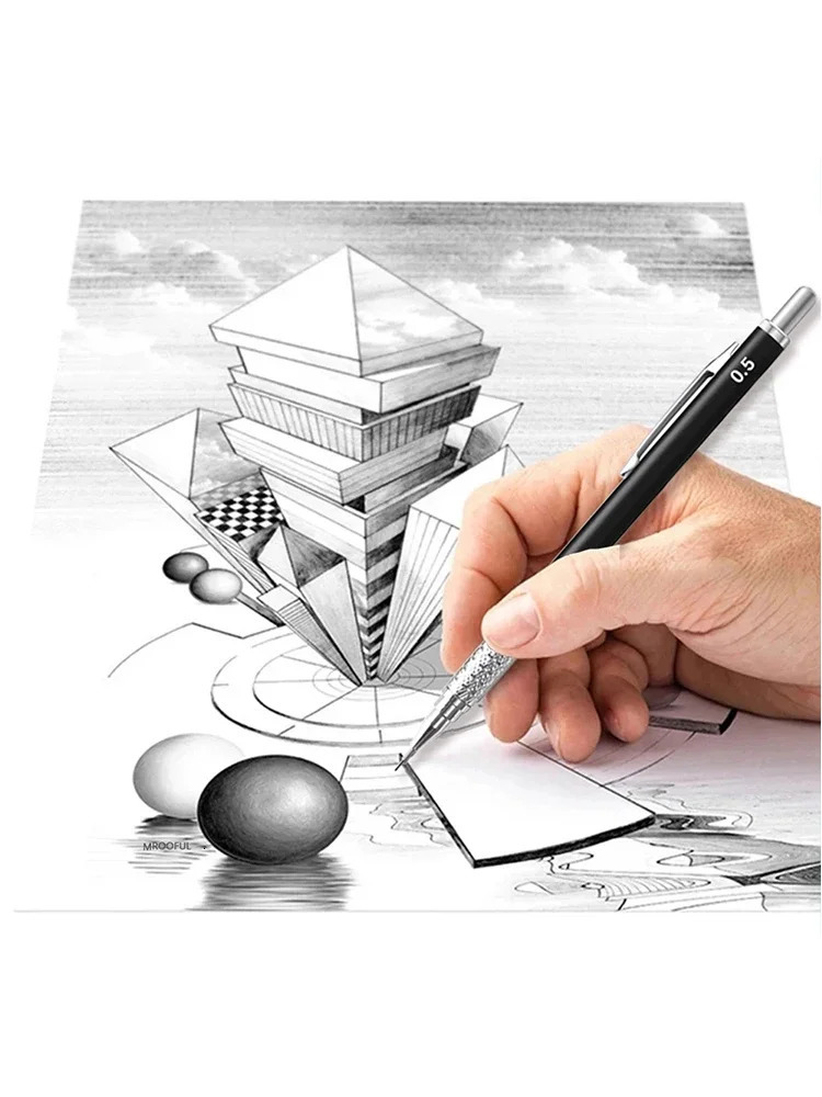 Full Black Metal Mechanical Pencils Set HB Leads 0.3 0.5 0.7 0.9 1.3 2.0mm Retractable Sketch Pencil with Eraser School Supplies 250624