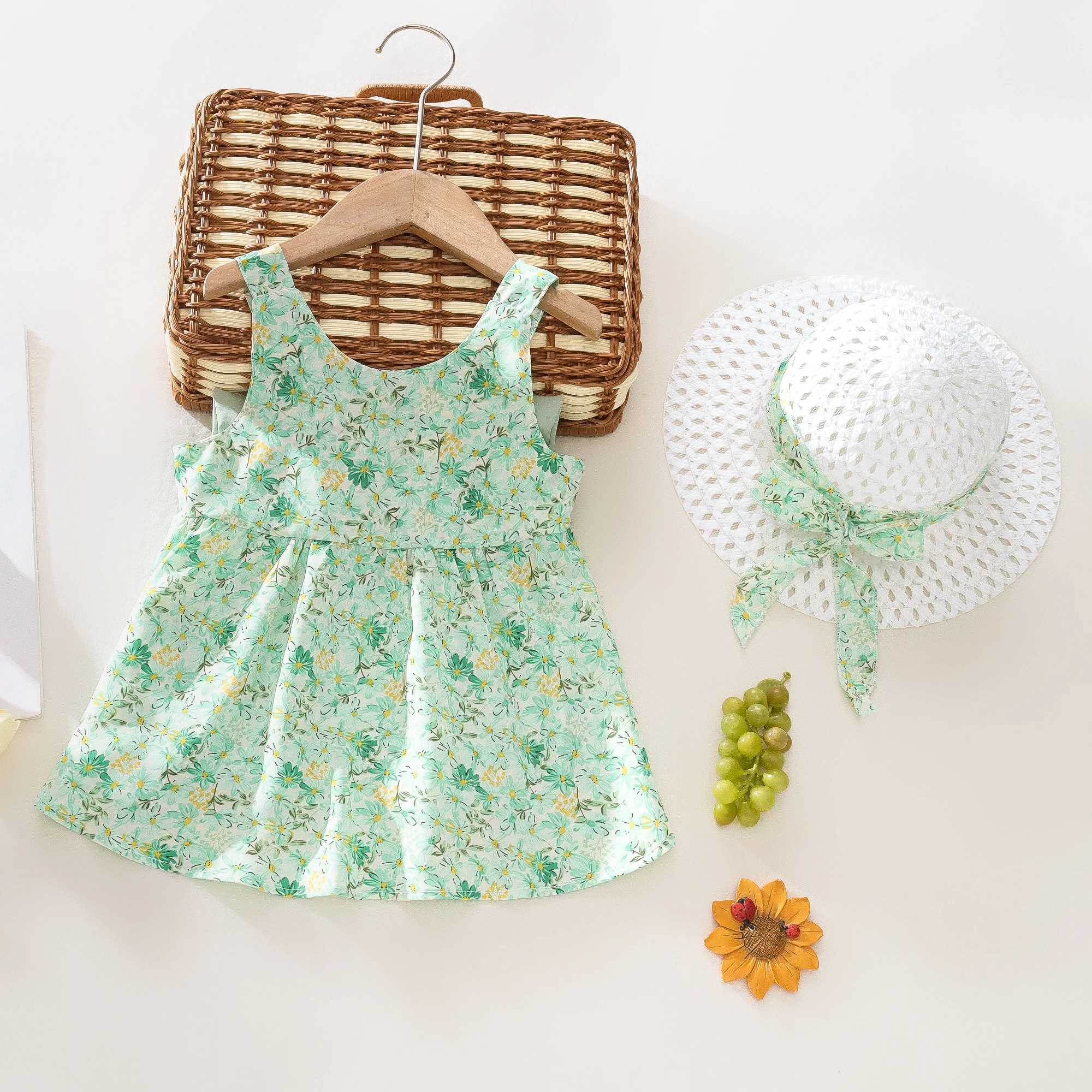 Summer 2-Piece Baby Dress+Sun Hat Bow Strap Floral Baby Girl Dress Soft And Comfortable ChildrenS Clothing R250707