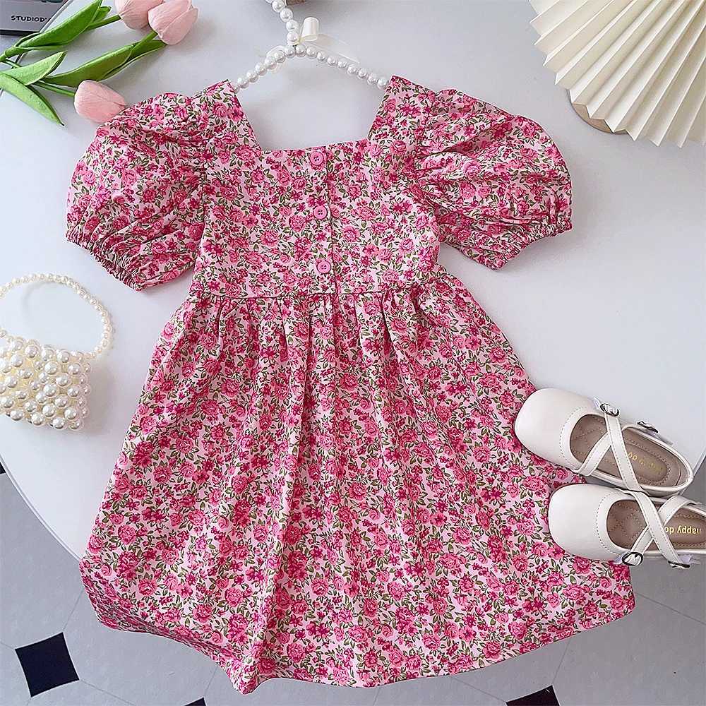 Summer New Girls Casual Floral Print Puff Sleeve Square Neck Princess Dress 1 Pc 3-7 Years Children Fashion Sweet Clothing R250707