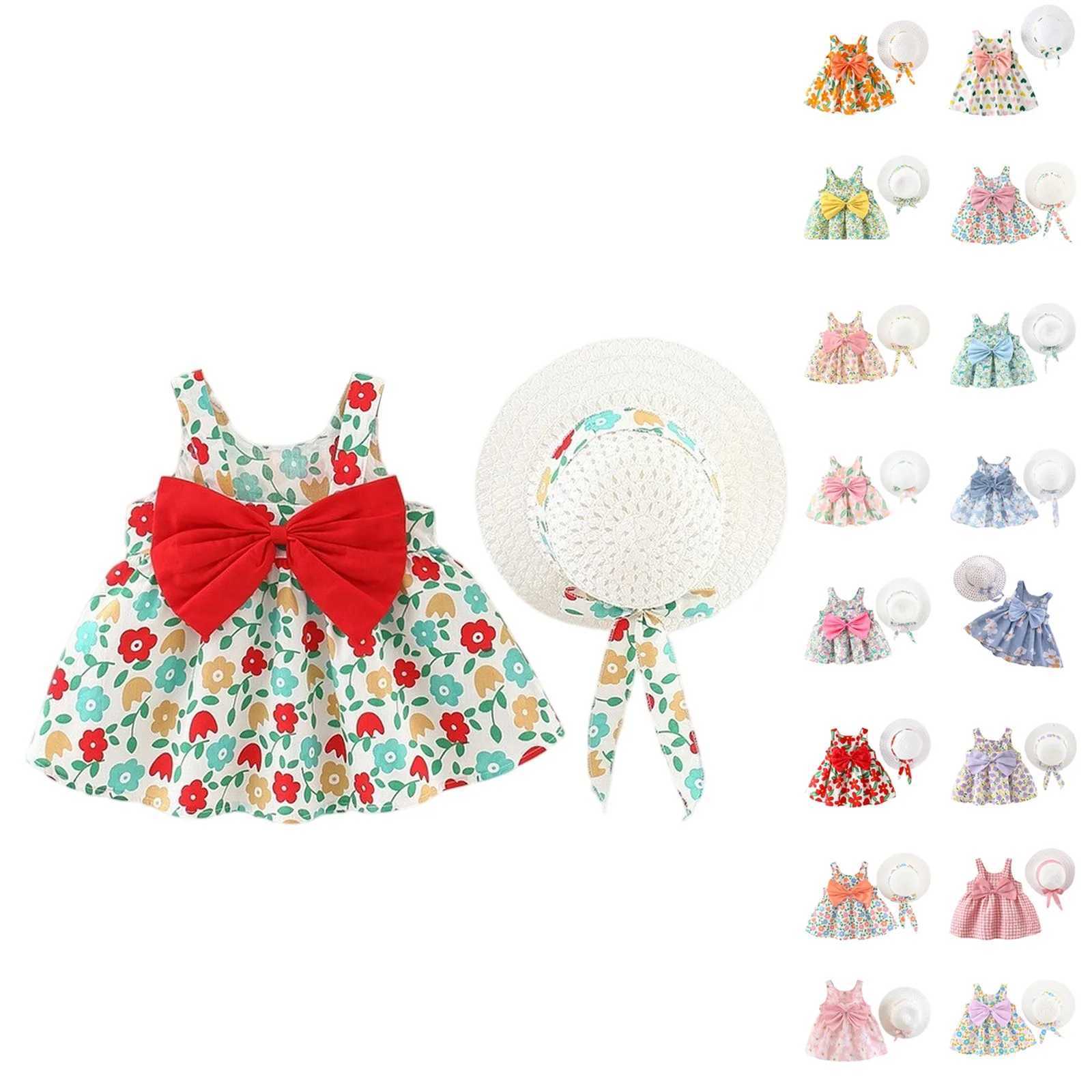2-piece Summer Set of Baby Girl Dress Hat Girls Big Bow Casual Cotton Print Cute Round Neck Sleeveless Dress R250707