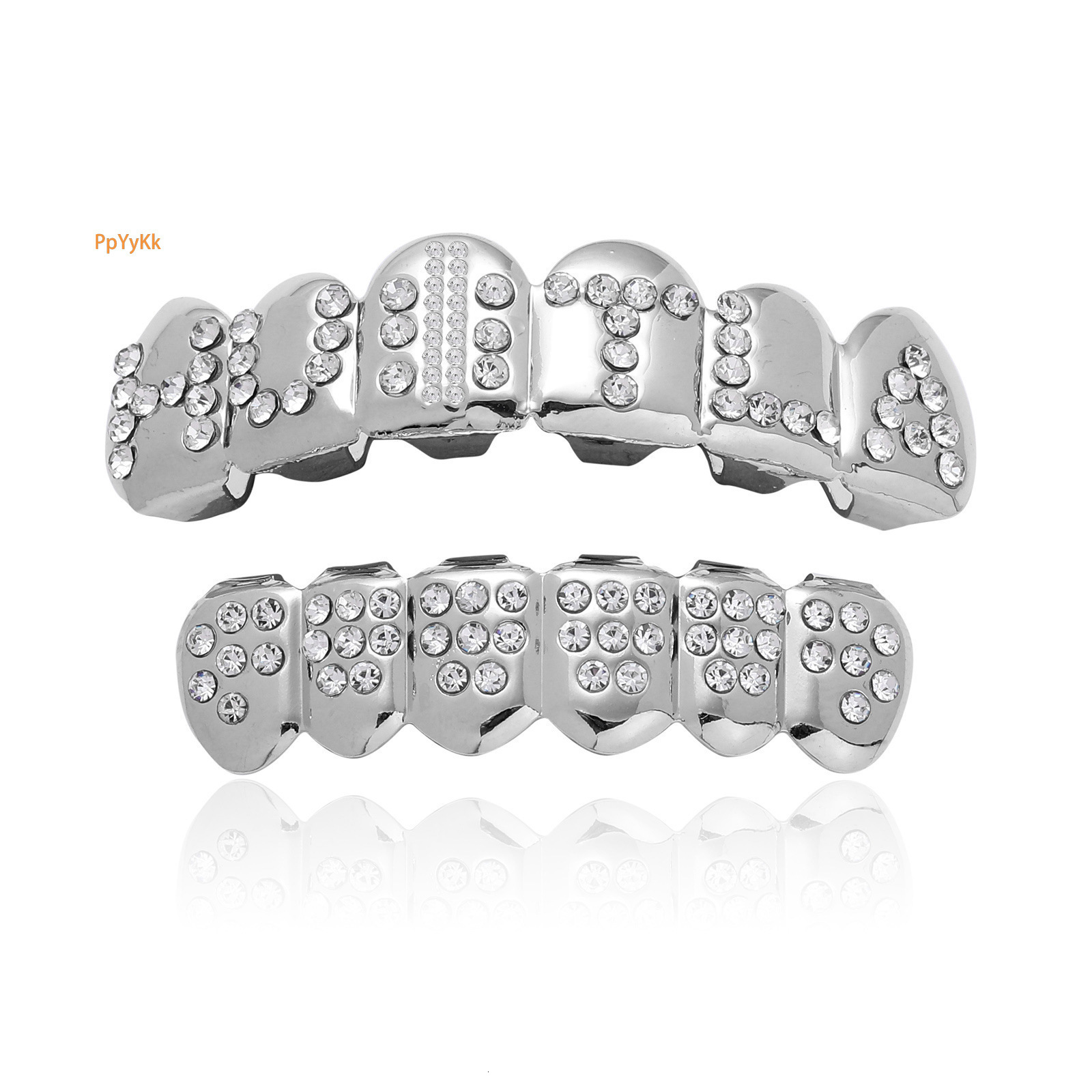 18K Gold Iced Out Lettered Diamond Grillz Vampire Fake Teeth Luxury Halloween Accessory