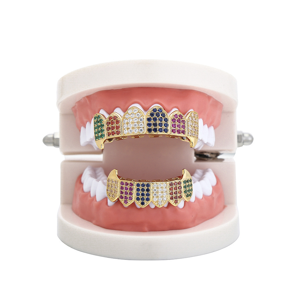 Hip Hop Gold Grillz Vampire Fangs 6 Color Iced Out Moissanite Bling Premium Teeth Accessories Rapper Costume Accessories Pass the diamond tester