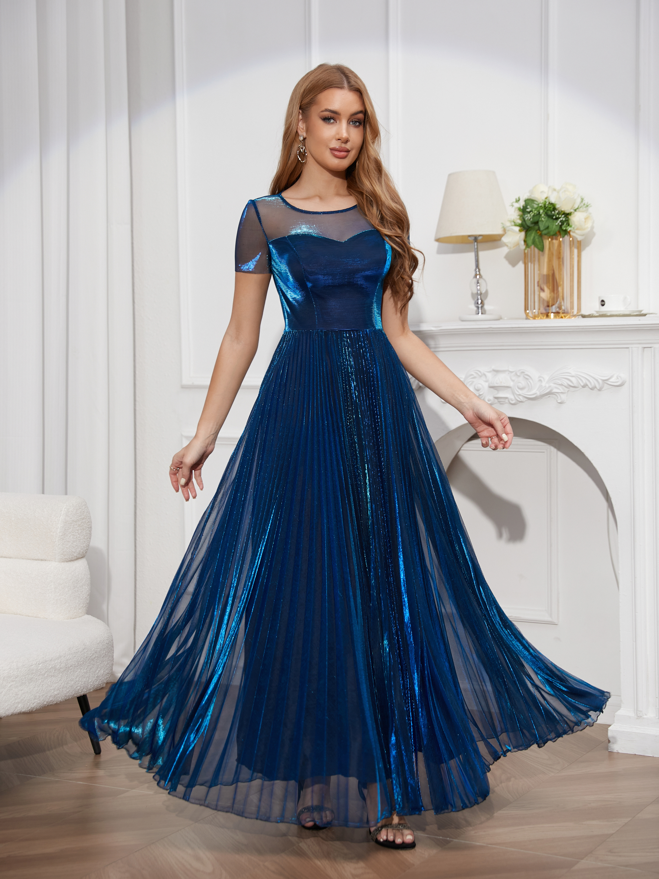 Fashion pleated prom dress, bridesmaid dress, slim prom dress, elegant tulle sexy perspective dress