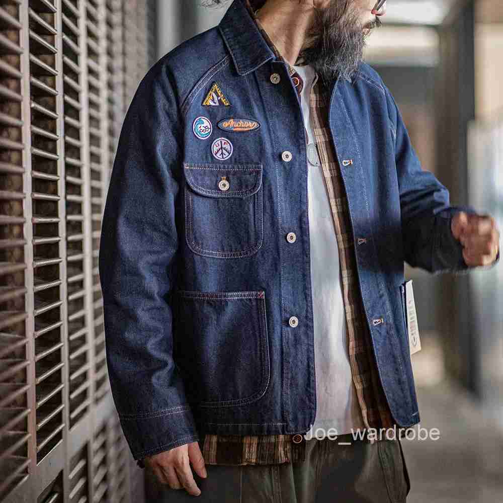 Maden Vintage Embroidered Badge 128oz Heavyweight Denim Jacket Washed Lapel Casual Outerwear for Men Spring and Fall Chore Coat