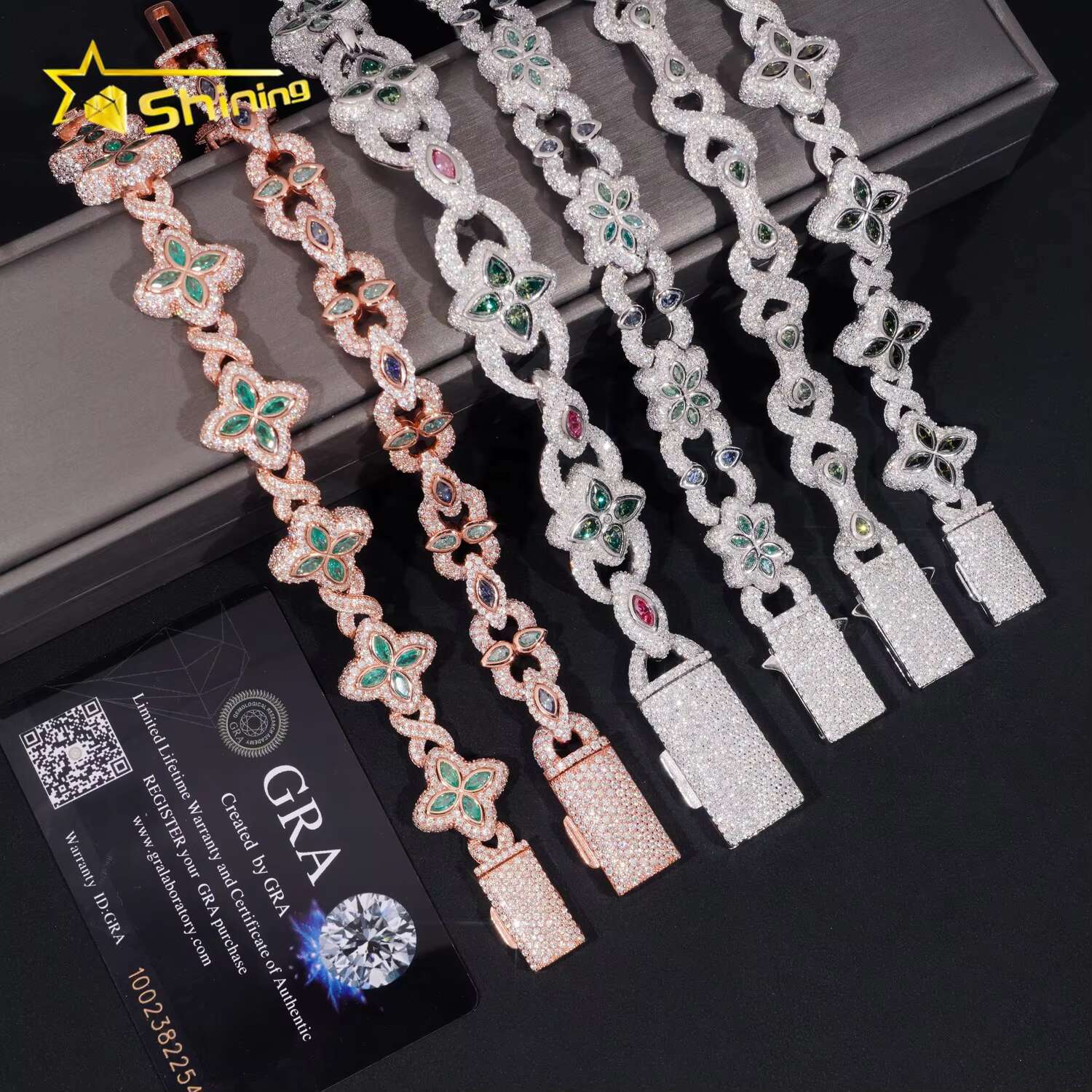 Fancy Shape Hip Hop Color Diamond 925 Silver Flower Iced Out Moissanite Infinity Link Bracelet