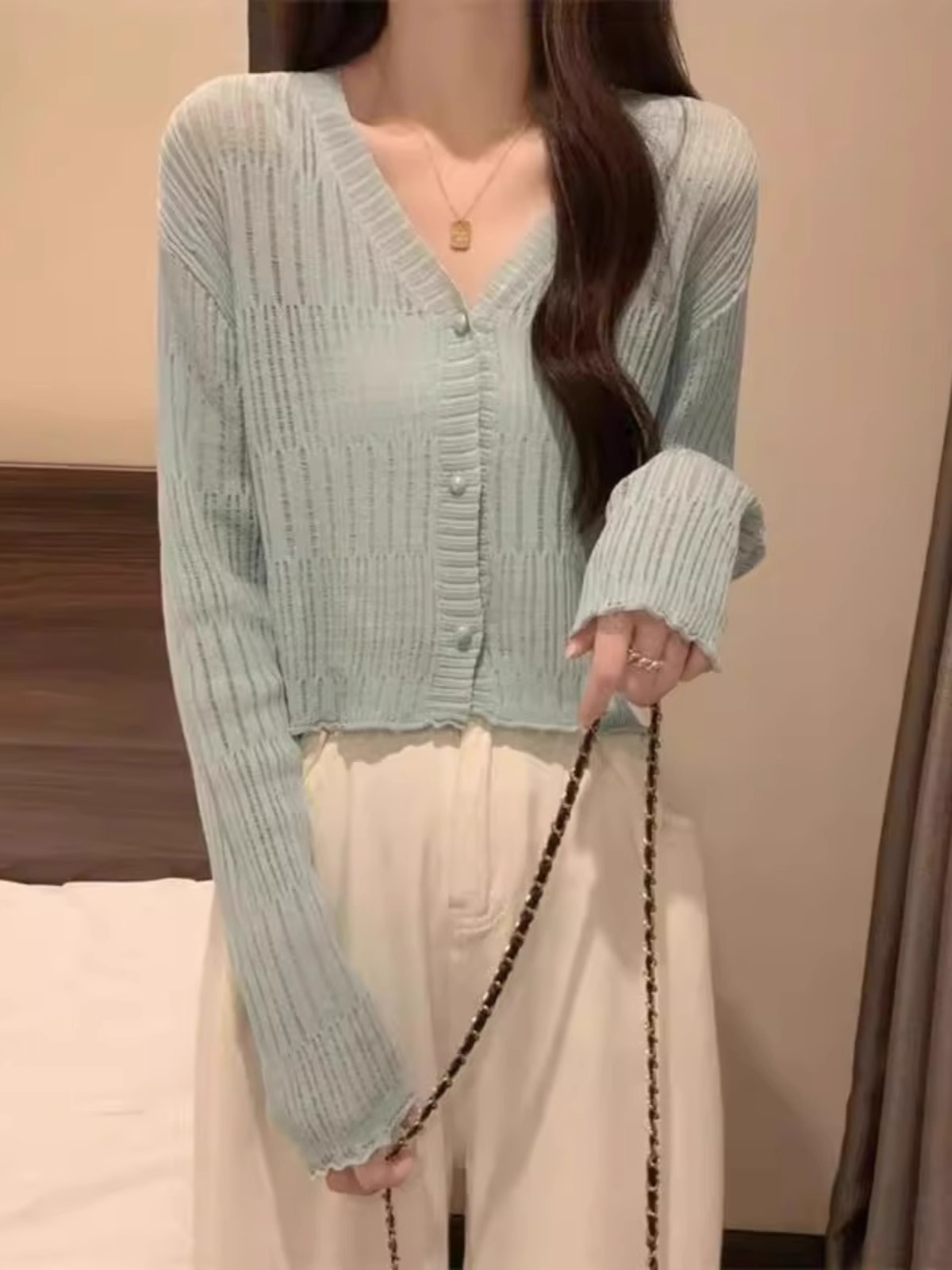 K1164 White V-neck hollow sunscreen ice silk knitted cardigan jacket women's summer shawl suspenders outerwear short top