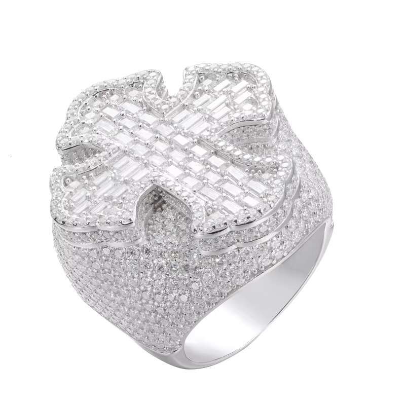 European American S925 Silver Moissanite Cross-Border Ring Versatile Trendy Mens Square Diamond Ring Cross Shape Hip-Hop Style
