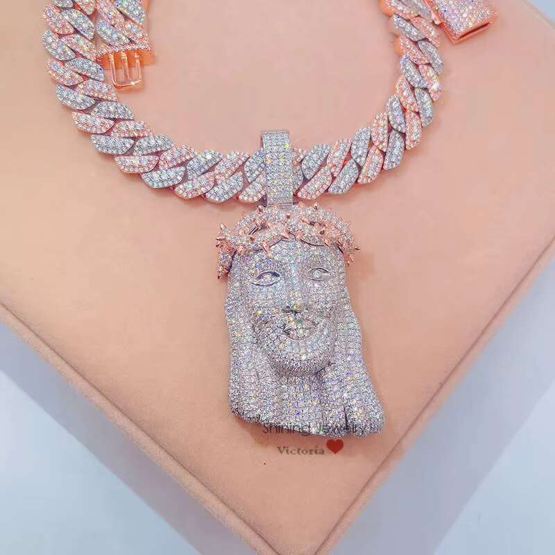 Rose GOld 2 Tone Sterling Silver Iced Out Hip Hop Moissanite Diamond Cuban Chain VVS Jesus Pendant