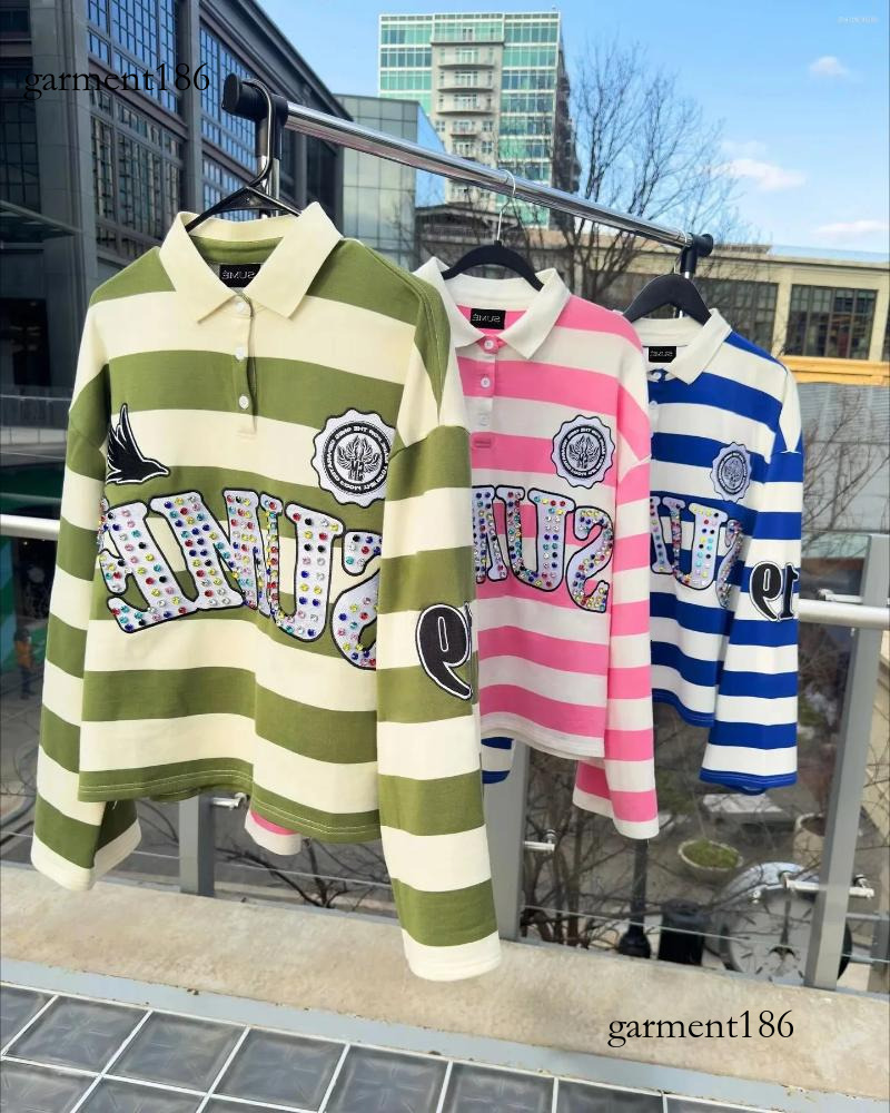 Men's T Shirts Haruku Top SUME Text Rhie Print Long Sleeved Shirt Style Retro Striped Hip-hop Street Collar be1