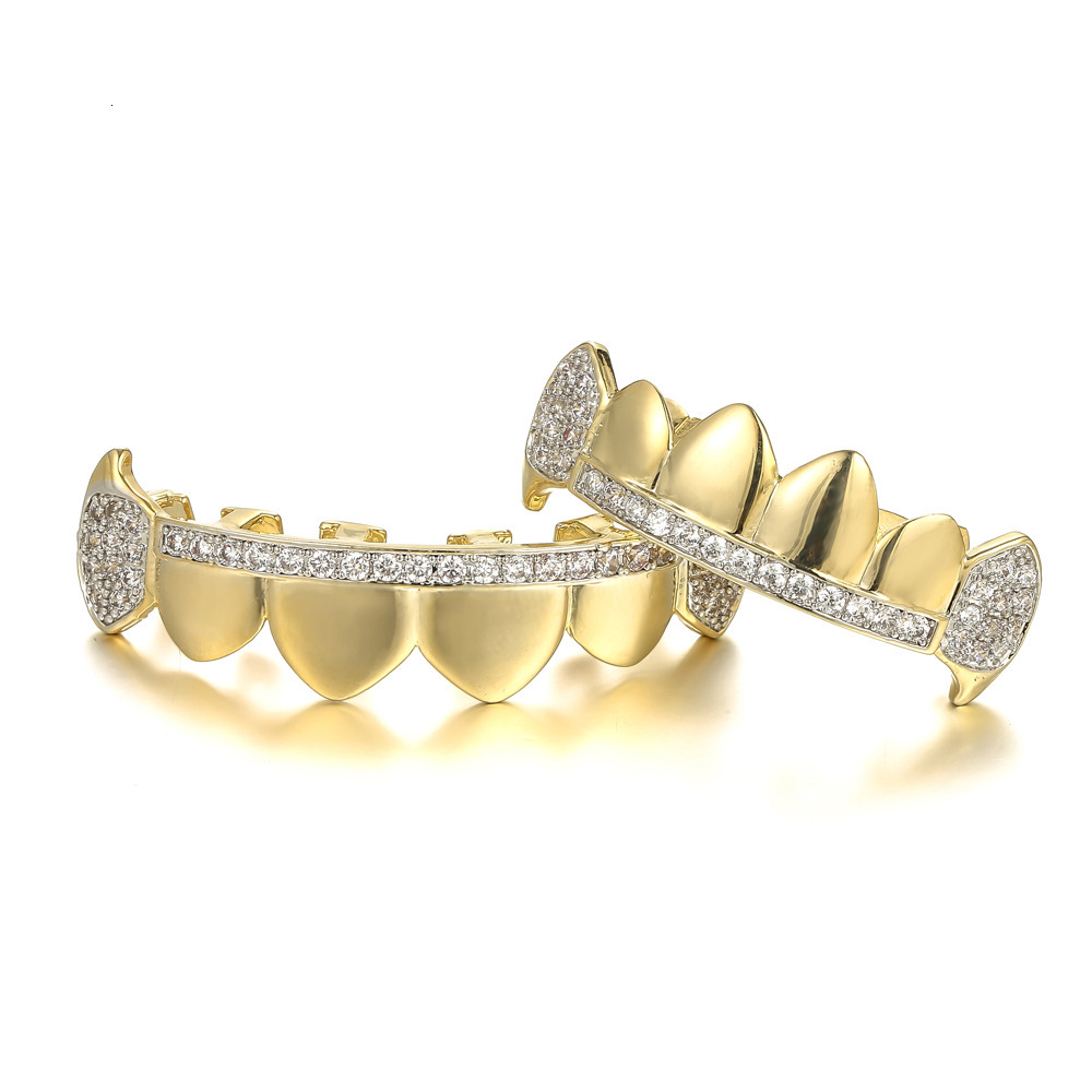 New 18K Gold Plated Iced Out Micro Paved Pointed Fangs Hip Hop Grillz Halloween Accessory