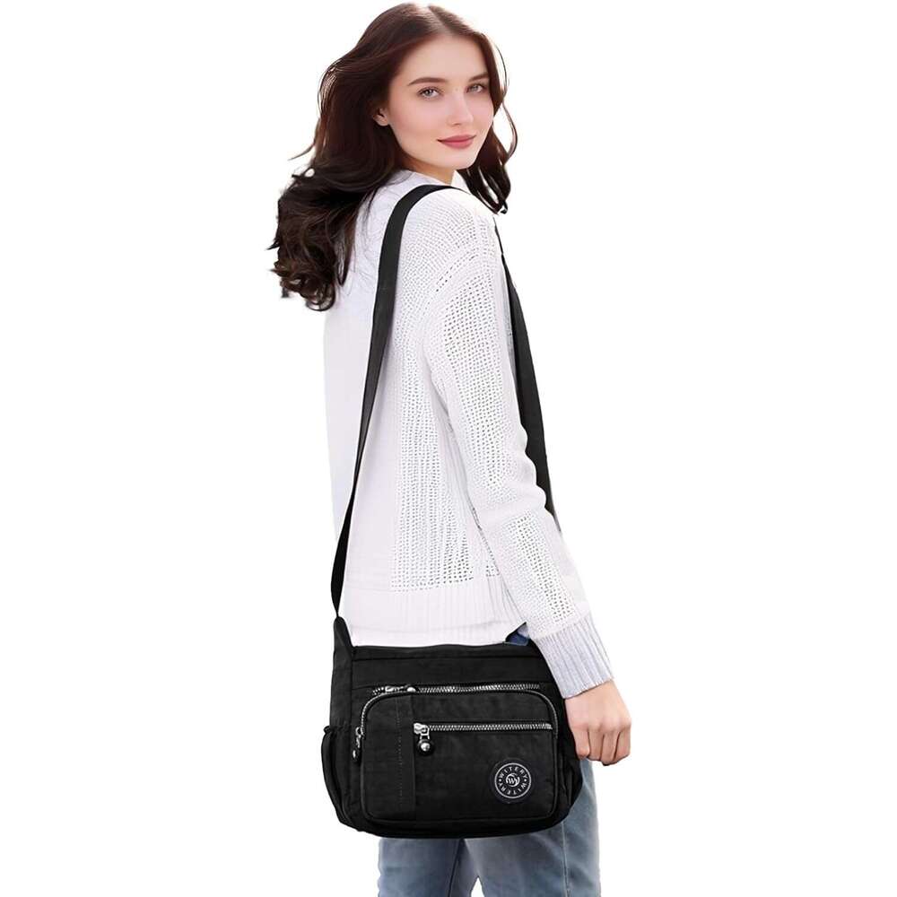 Nylon Shoulder Bags for Women - Multi-Pocket Zipper Waterproof Travel Purse Casual Small Lightweight Messenger Bag