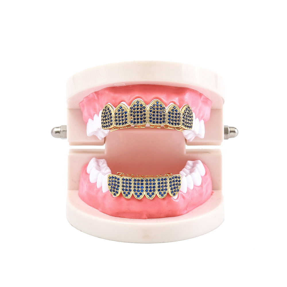 Halloween Hip Hop 18k Gold Plated Blue Moissanite Iced Out Grillz Bling Personalized Teeth Accessories Rapper Costume Accessories Pass the diamond tes