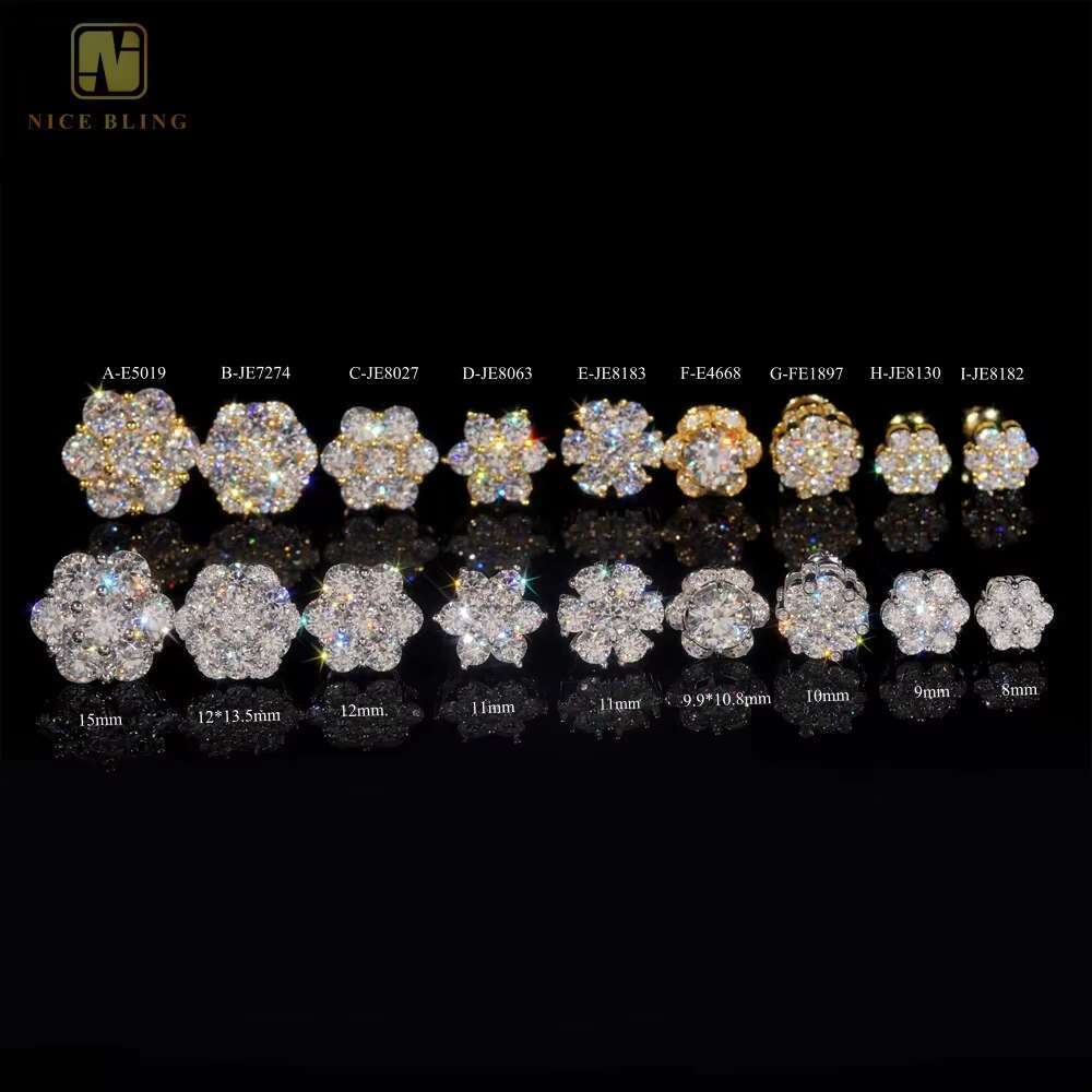 Hot Sale Pass Diamond Tester Hip Hop 925 Silver Gold Plated VVS Diamond Moissanite Flower Stud Earrings Cluster