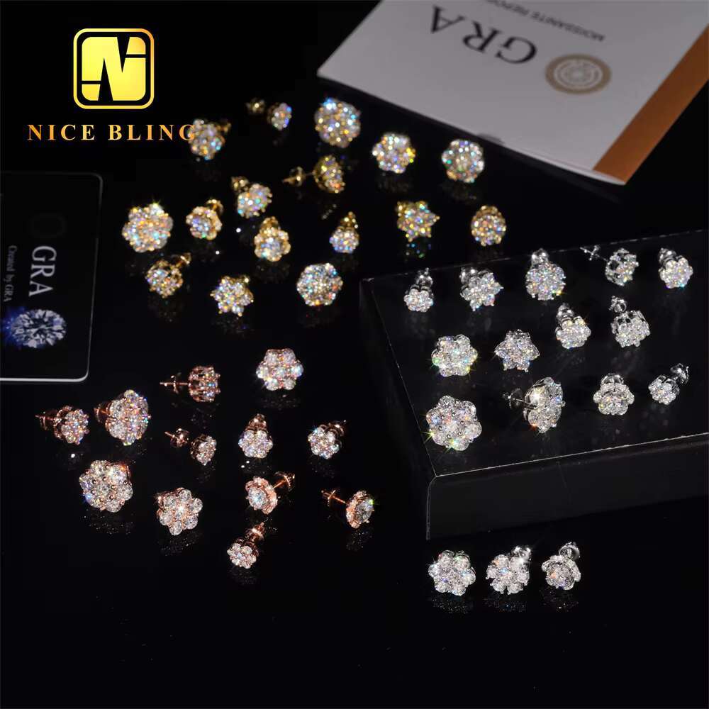 Hot Sale Pass Diamond Tester Hip Hop 925 Silver Gold Plated VVS Diamond Moissanite Flower Stud Earrings Cluster