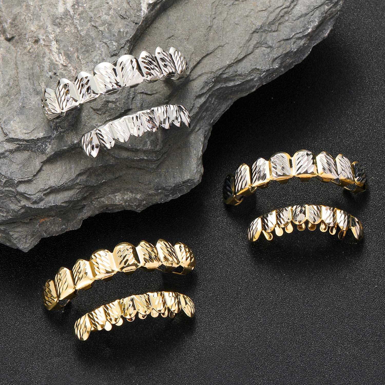 18K Gold Iced Out 8 Tooth Two Tone Floral Engraved Hip Hop Grillz High Quality Unique Accessory Rapper Costume Accessories