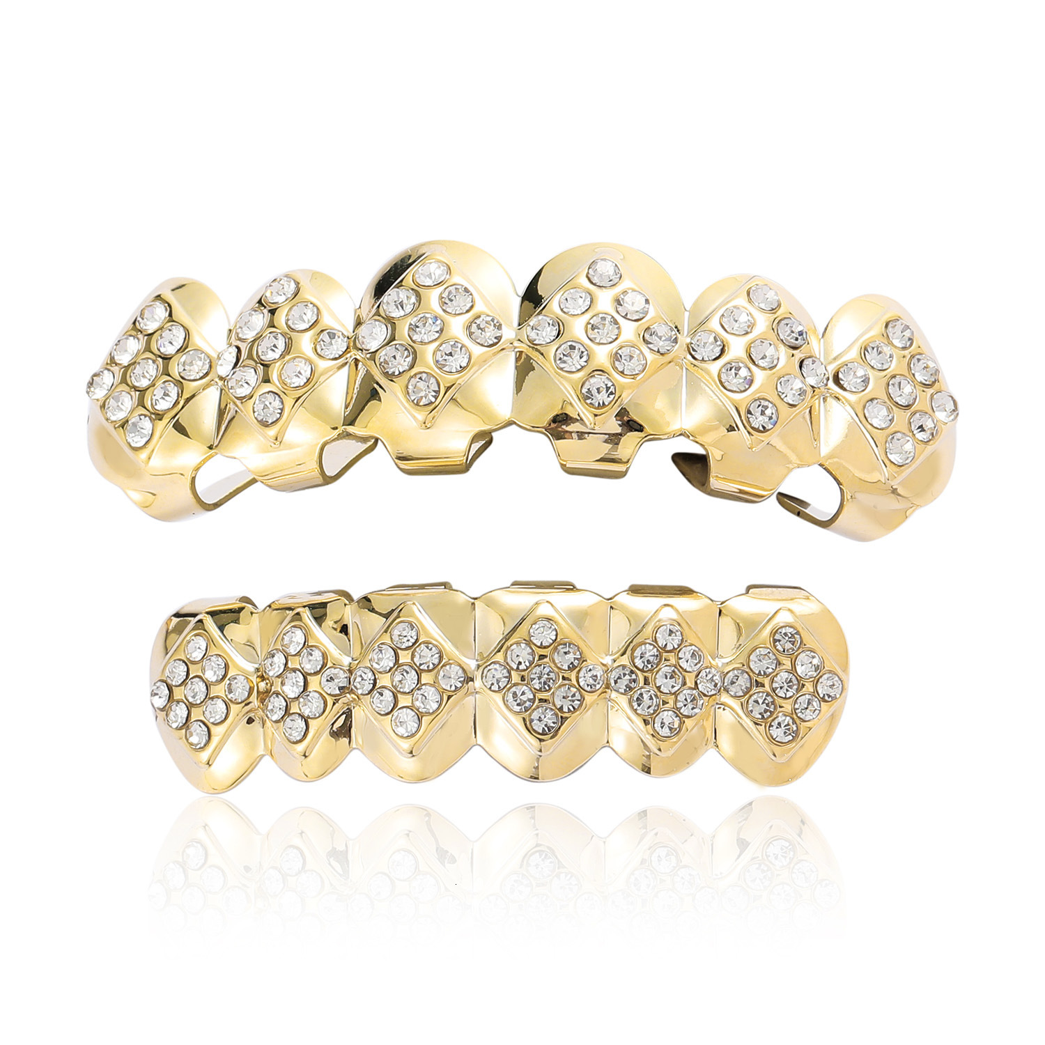 18k gold plated rhombus iced out 6-tooth vampire hip hop grillz premium fashion halloween accessories Pass the diamond tester