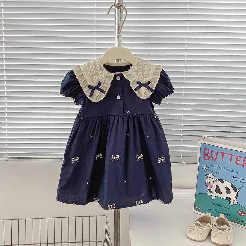 1-6Y Girls Bow Princess Dresses New Summer Baby Dress Puff Sleeve Embroidery Petal Collar Toddler Kids Cotton Cute Party Dress R250707