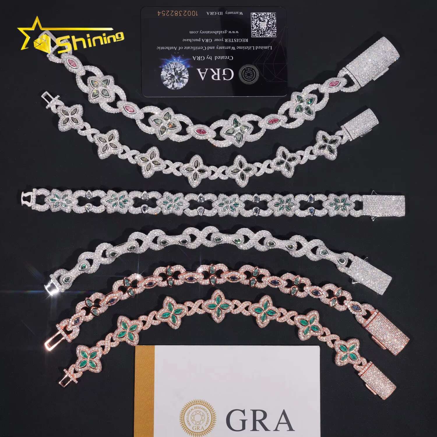 Fancy Shape Hip Hop Color Diamond 925 Silver Flower Iced Out Moissanite Infinity Link Bracelet