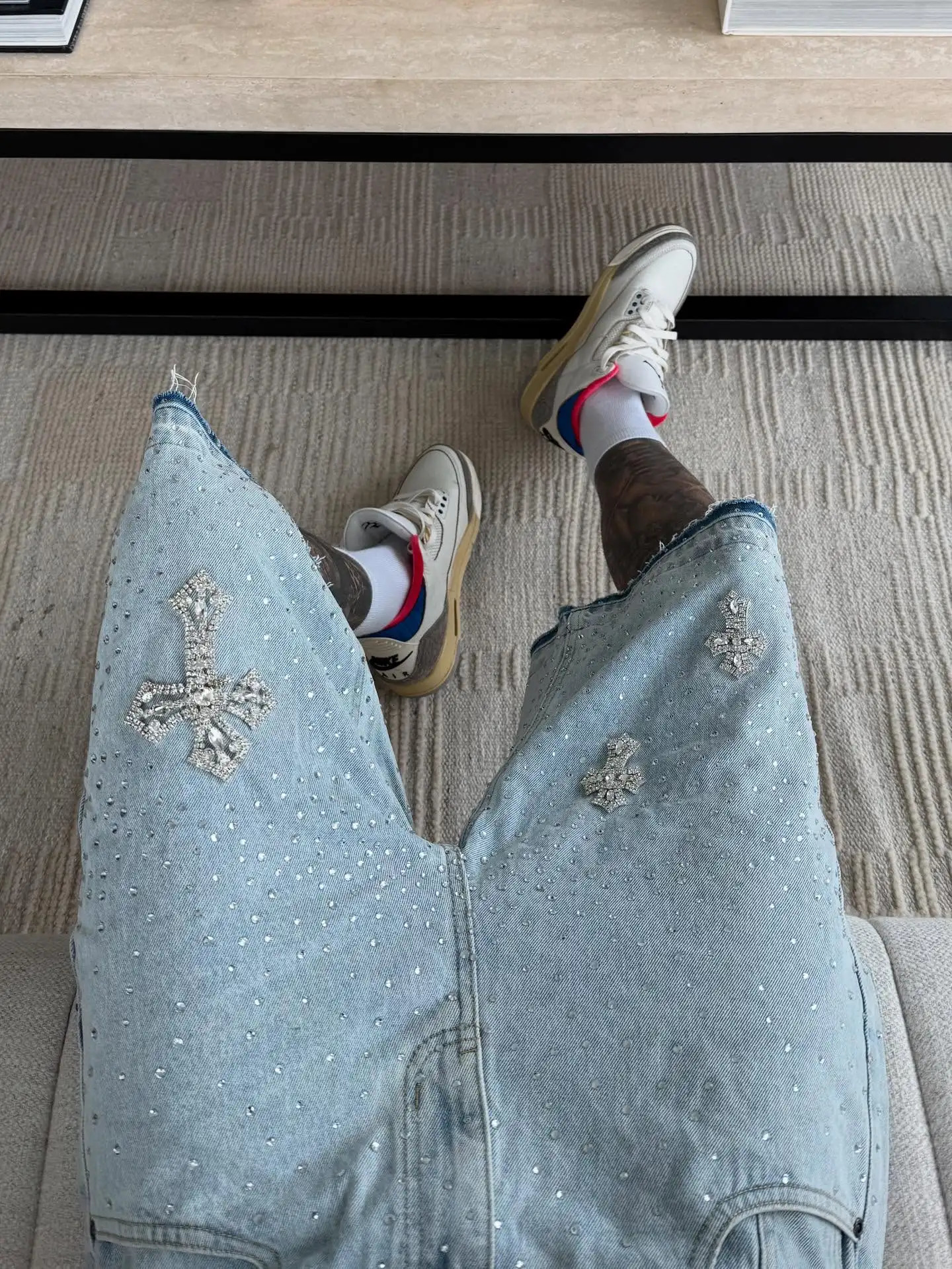 Gothic Rhinestone Cross Embroidery Viral Denim Jorts Y2K Vintage American Trend Gym Shorts Men Women Street Hip Hop Jean Short 250627