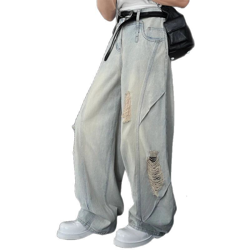Designer Men's Jeans Ripped Seam Jeans For Men, Summer Thin American High Street Style, Trendy Loose Straight Wide-leg Casual Pants Loose Casual 