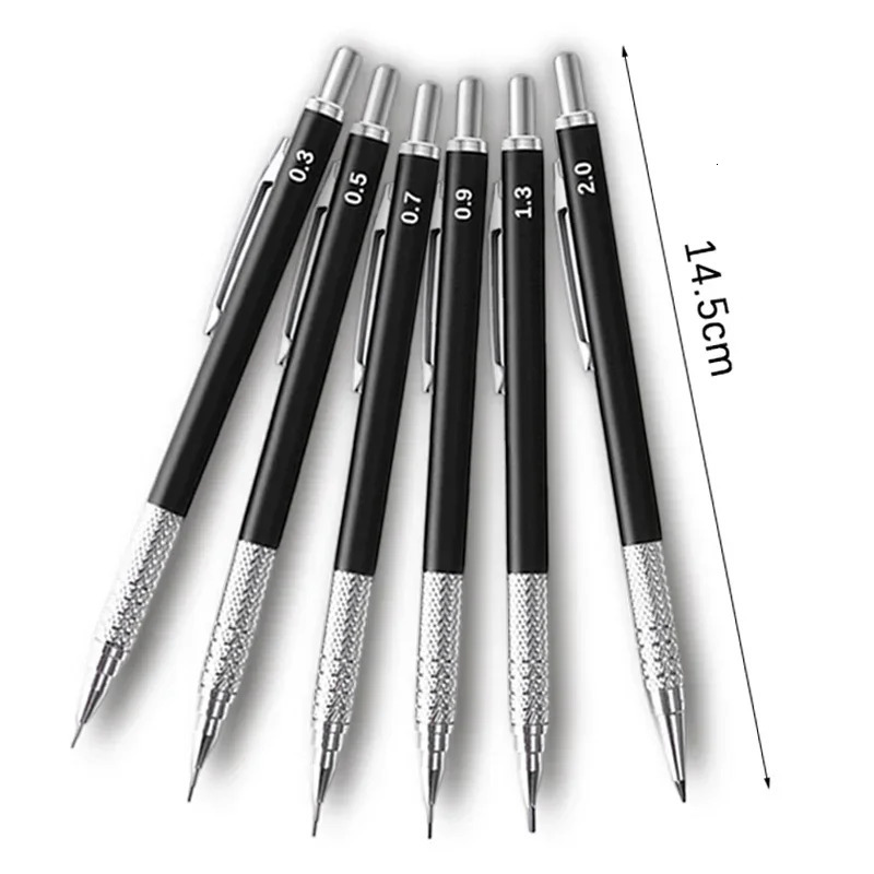 Full Black Metal Mechanical Pencils Set HB Leads 0.3 0.5 0.7 0.9 1.3 2.0mm Retractable Sketch Pencil with Eraser School Supplies 250624