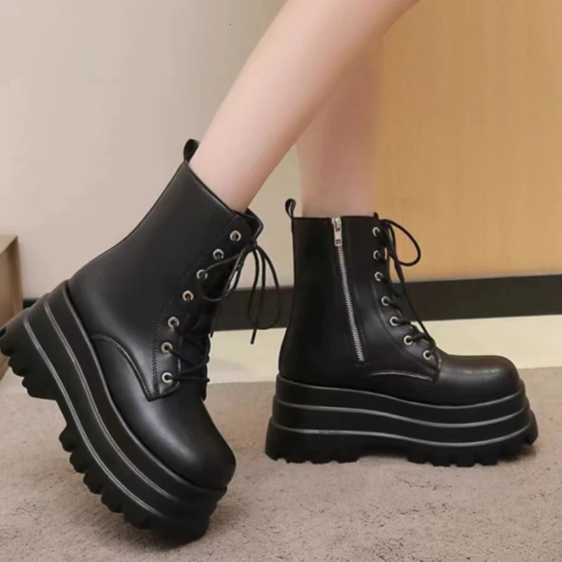 Chunky Platform Black Ankle Boots Women Shoes Spring Autumn Pu Leather Booties Mujer Punk Thick Bottom Motorcycle Boots 250625
