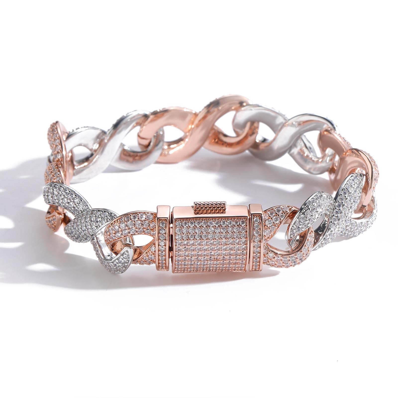 15mm Iced Out Infinity 8-Bangle Rose Gold Two-Tone Cuban Link Moissanite Bling Hip Hop Bracelet Passes the Diamond Tester