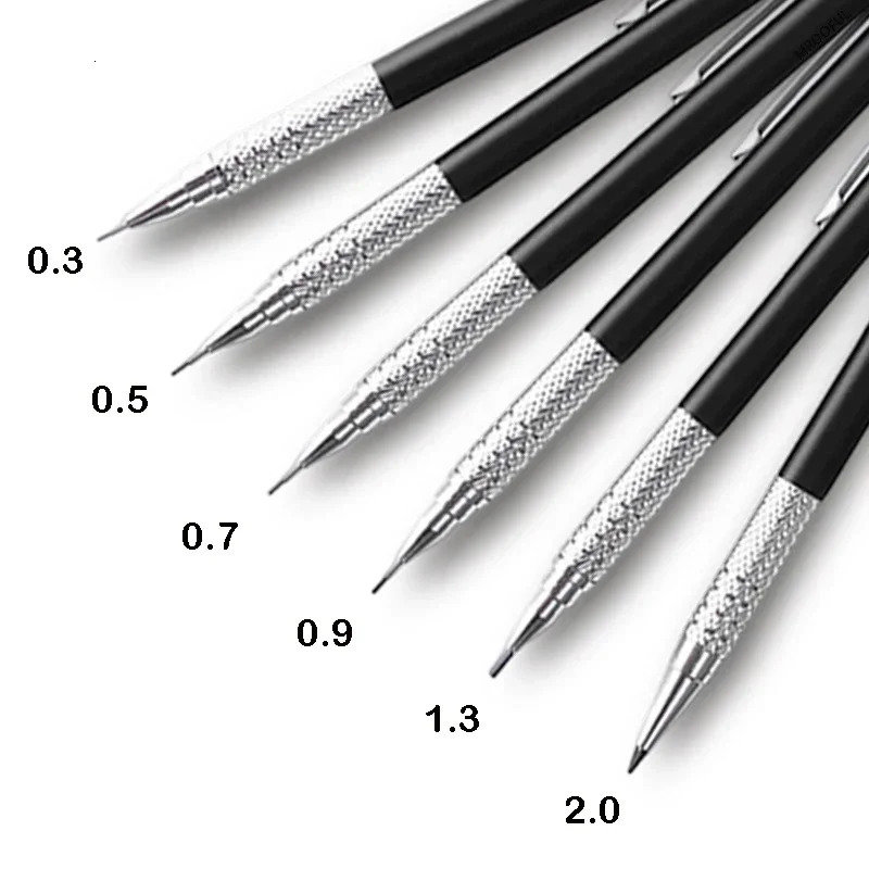 Full Black Metal Mechanical Pencils Set HB Leads 0.3 0.5 0.7 0.9 1.3 2.0mm Retractable Sketch Pencil with Eraser School Supplies 250624