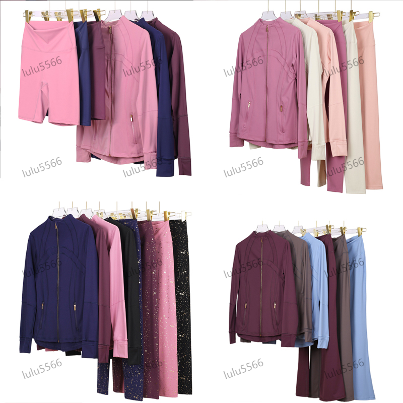 Yoga Set gym clothing women jacket suit leggings shorts Sport Golden zipper Coat flare pants Sports Active wear Top Solid Zip Up Sweatshirt Sportwear workout set