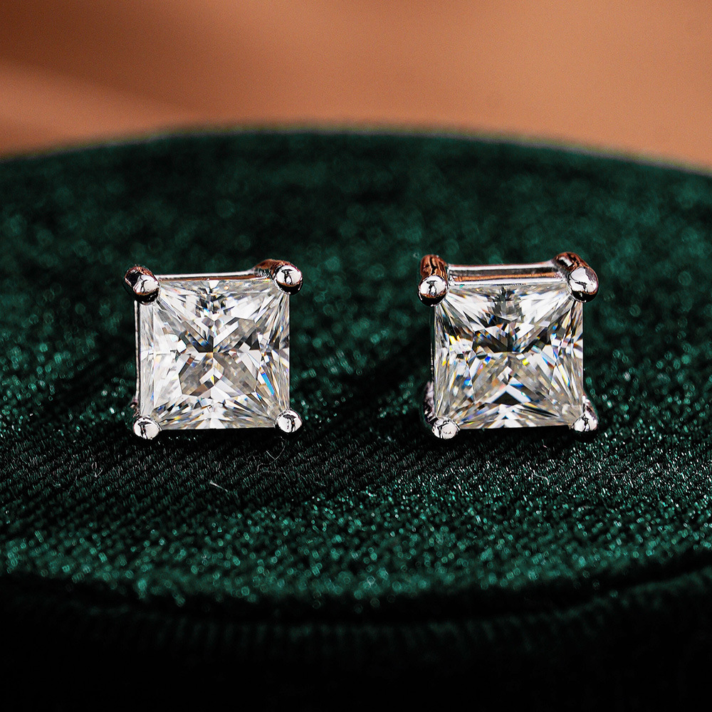 2025 Rulalei Ins Top Sell Stud Earrings Simple Fashion Jewelry Genuine 100% 925 Sterling Silver Princess Cut White Lab Moissanite Diamond Women Elegan