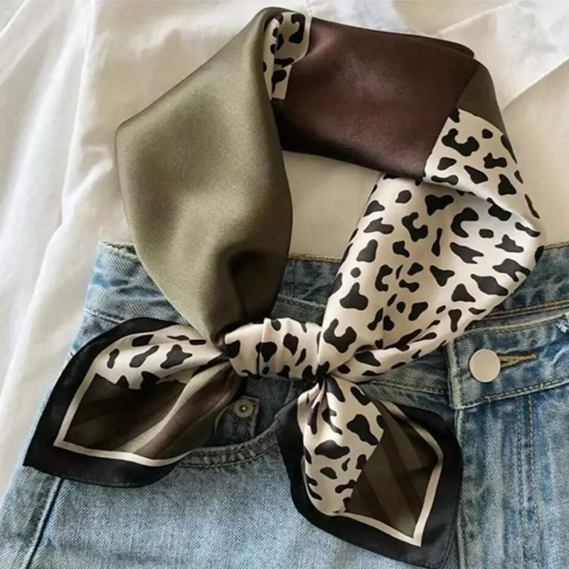 Women's Stylish Satin Leopard Patterned Scarf - Fashionable Square Silken Accessory, 70 by 70 Centimeters