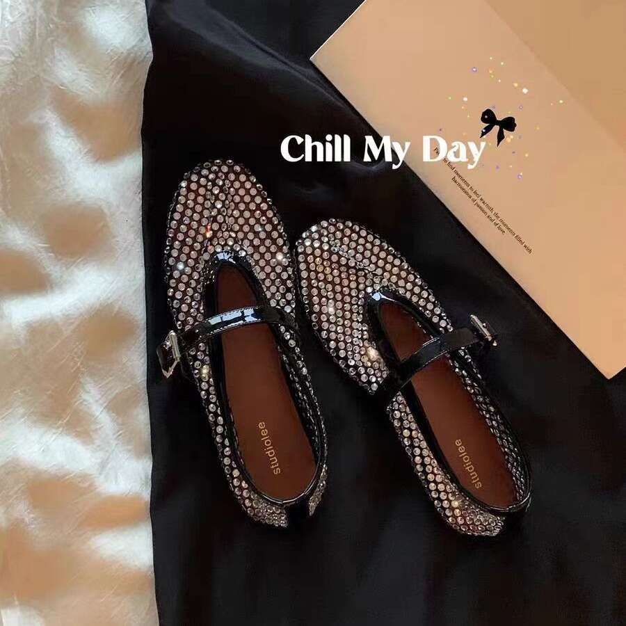 Grape Mom Internet Celebrity Same Style New Broken Dream Glass~ Shiny Rhinestone One-Strap Shallow Mouth Mary Jane Shoes for Women