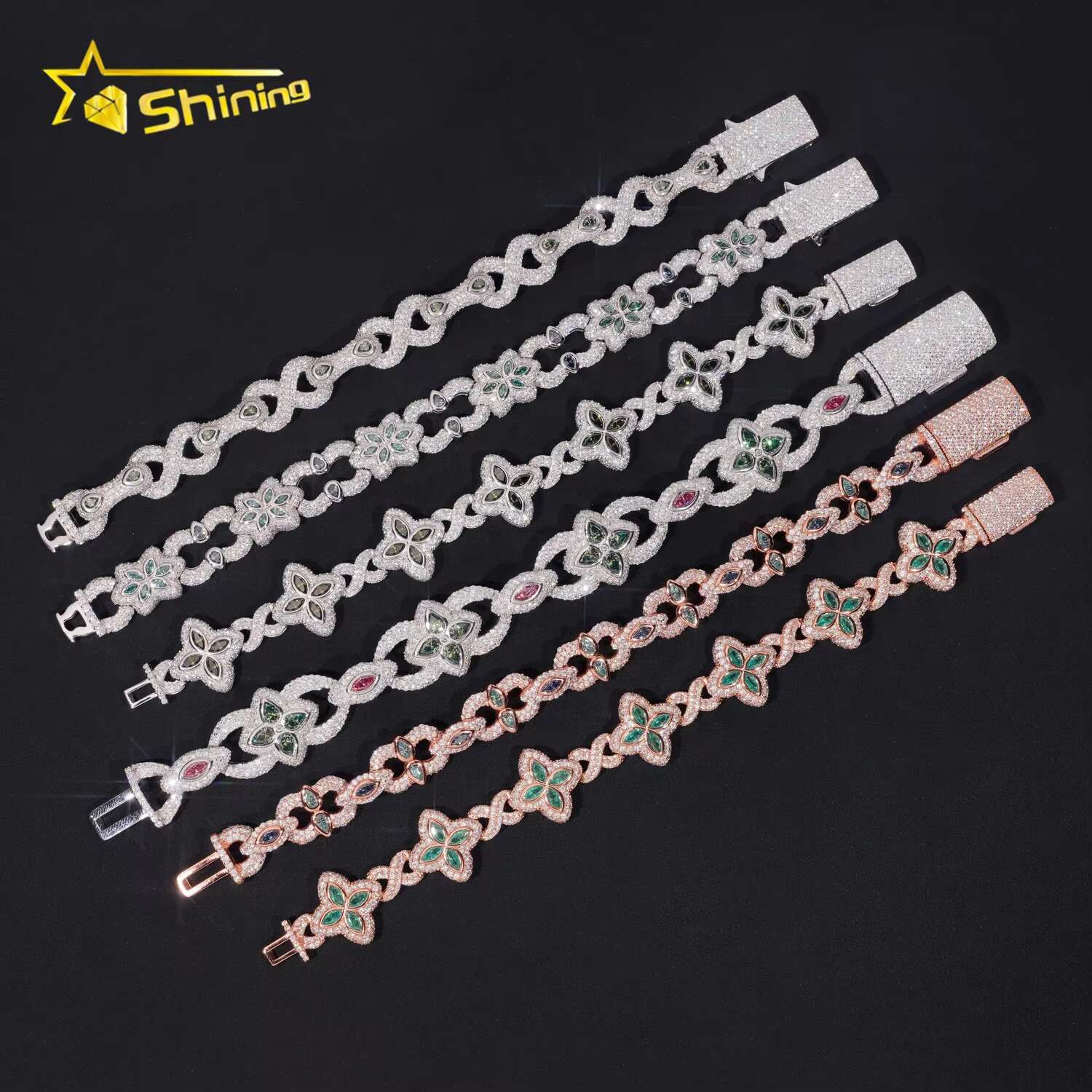 Fancy Shape Hip Hop Color Diamond 925 Silver Flower Iced Out Moissanite Infinity Link Bracelet