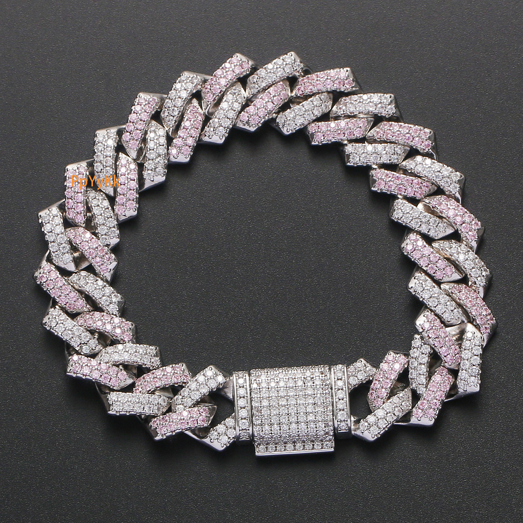14mm Iced Out Pink White VVS Moissanite Bar Striped Cuban Link Bracelet Hip Hop Bling Trendy Statement Piece Pass the diamond tester