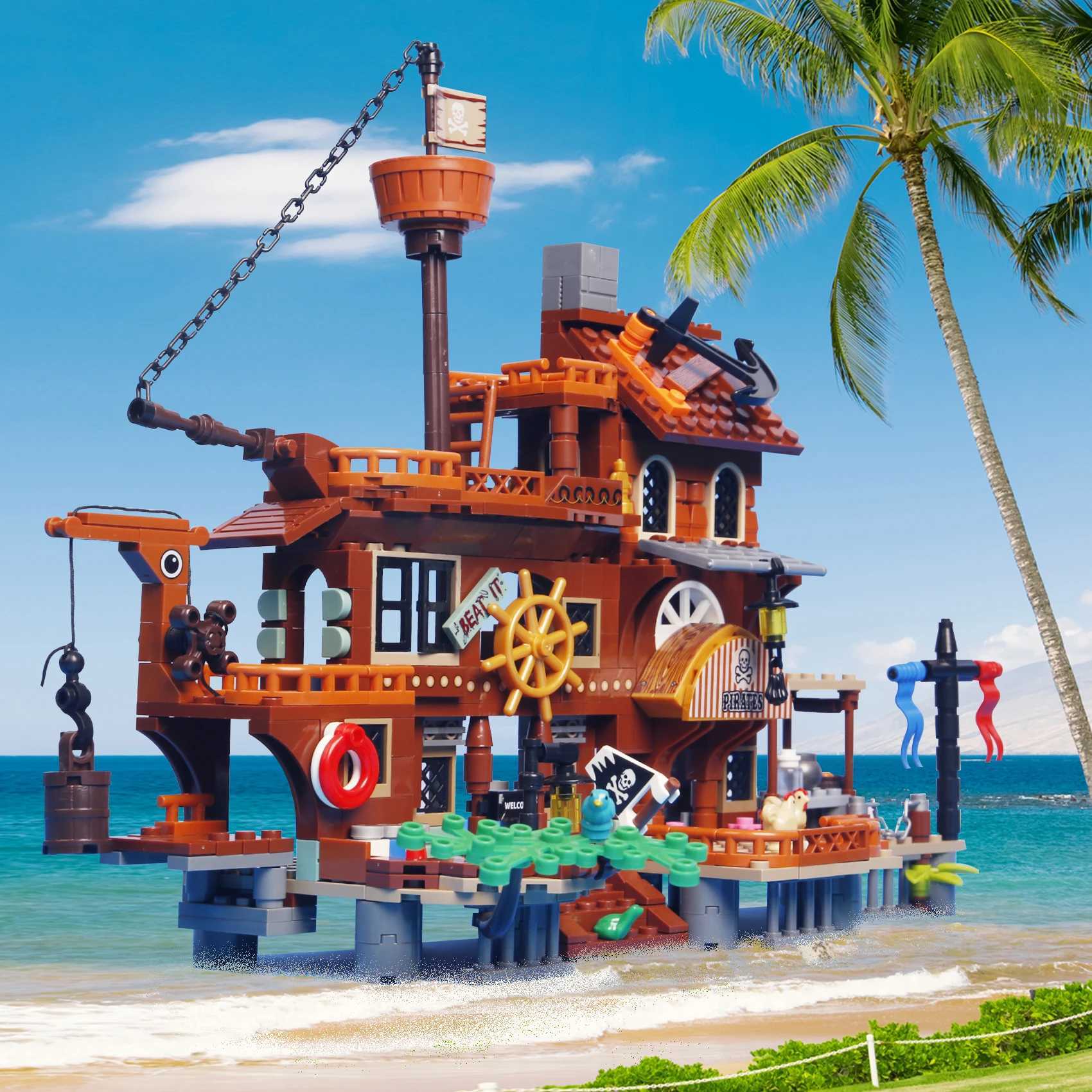 675PCS Creative Medieval Pirates Island House Port and Pirate Ship Building Blocks Assemble Bricks Toys Gift For Children Kids Y250627
